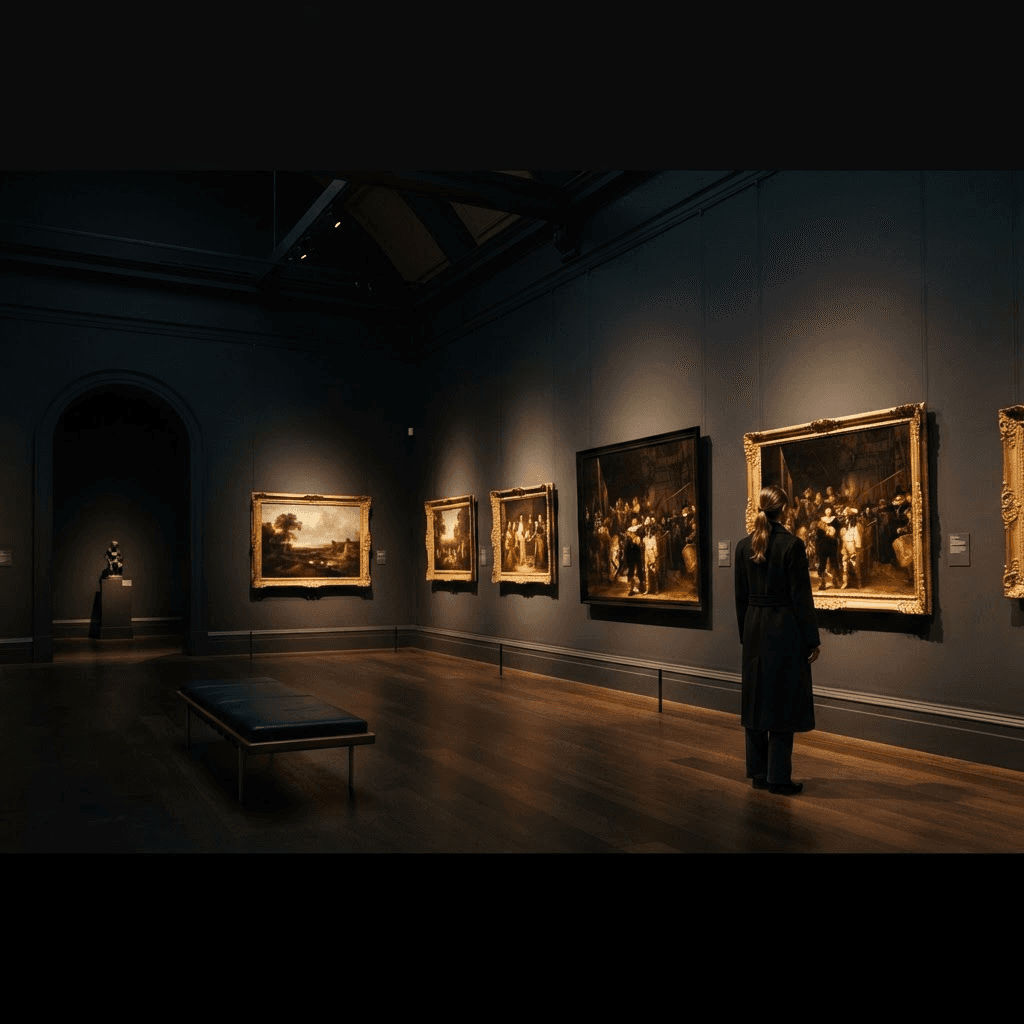 A moody high-end museum gallery interior with large ornate framed artworks glowing under warm spotlights, a lone figure viewing the art