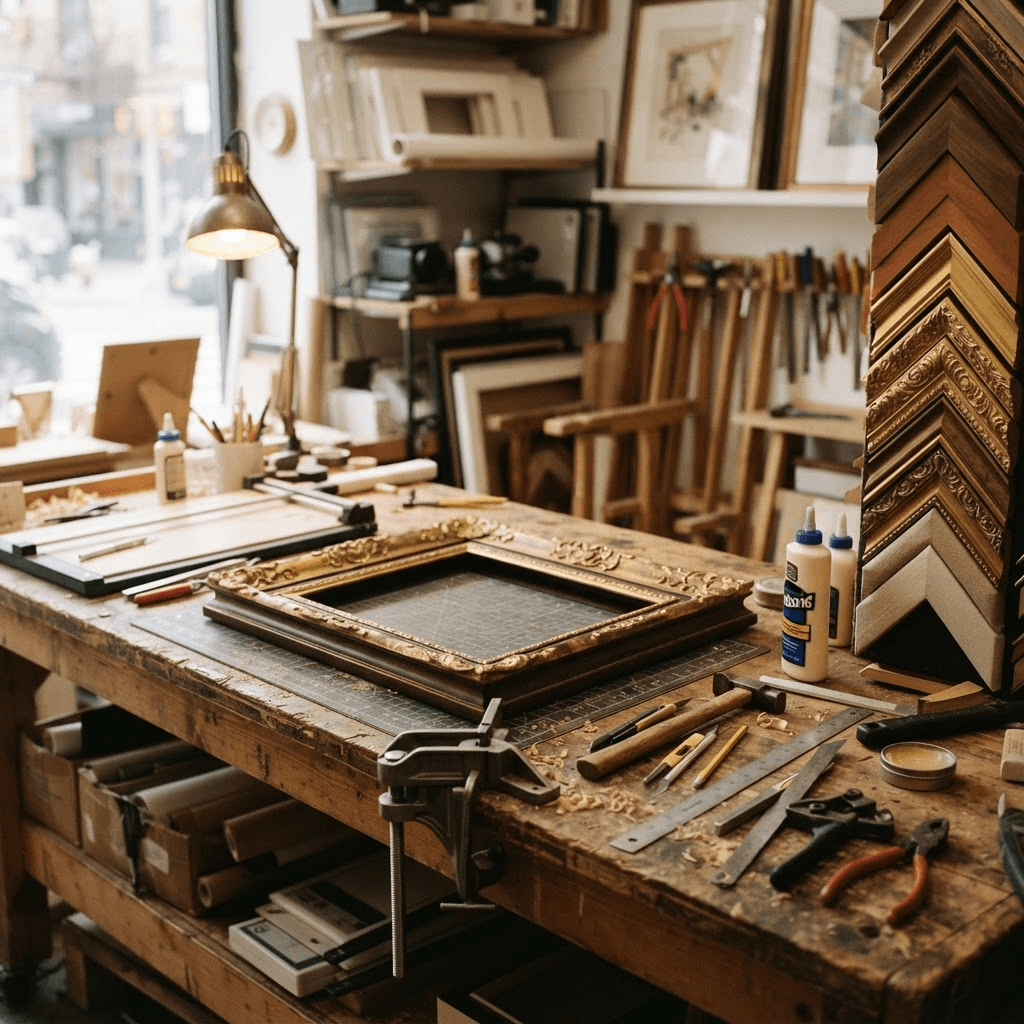Master framer's workbench with precision tools and premium moulding samples in a New York framing workshop